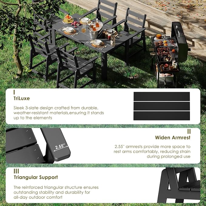 GREENVINES 7 Piece HDPE Outdoor Patio Dining Set, Removable Armrests, Black