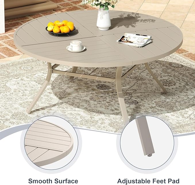 VICLLAX 7 Pieces Patio Outdoor Dining Set, 6 Swivel Textilene Chairs and 53" Round Metal Table with Umbrella Hole for Porch, Deck, Garden, Sandshell