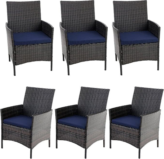 PHI VILLA Wicker Patio Dining Chairs Set of 6 with Removable Cushions | 6 Rattan dining chairs with thick removable seat cushions. Sturdy steel frame, easy assembly.