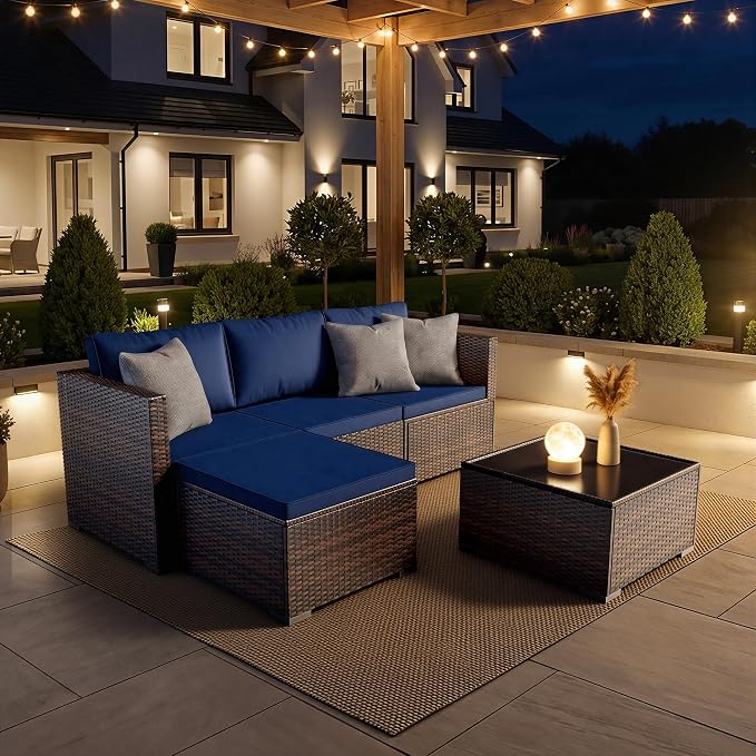 Patio Furniture Set - All-Weather -5 Piece Outdoor Patio Conversation Couch Sets, Modular Wicker Rattan Sectional Sofa for Garden, Patio, Poolside, Backyard, Balcony, Porch,Navy Blue