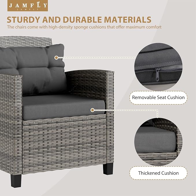 JAMFLY 3 Piece Wicker Patio Furniture Set - Outdoor Rattan Conversation Set with Soft Cushions & Glass Coffee Table for Balcony, Porch, Small Backyard - All Weather Grey Bistro Set, Grey