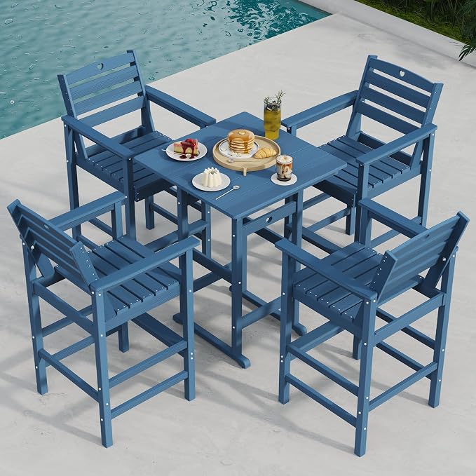 Patio Bar Table,Adirondack Chairs and Table 4 Pieces Set, Bar Height Chairs Set of 4, Outdoor Bar Stools Set,Weather-Resistant Outdoor Furniture for Deck, Balcony, Poolside Easy Assembly