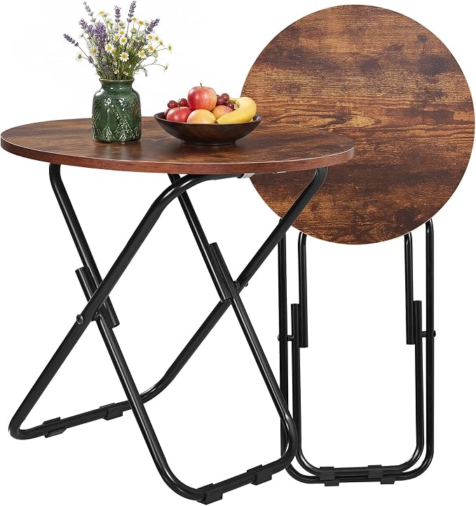 VECELO 17.7" Small Folding Table Set of 2,Round Patio Outdoor Side Table, Foldable Wooden Table with Weather Resistant Steel Frame, Patio Table for Camping Picnic Garden Small Space