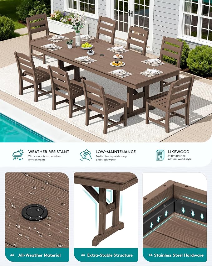 SERWALL 10 Piece Outdoor Dining Set with 15ft Triple-Head Foldable Umbrella(Based not Included), 84" HDPE Outdoor Table and Armless Chairs Set for 8, Brown