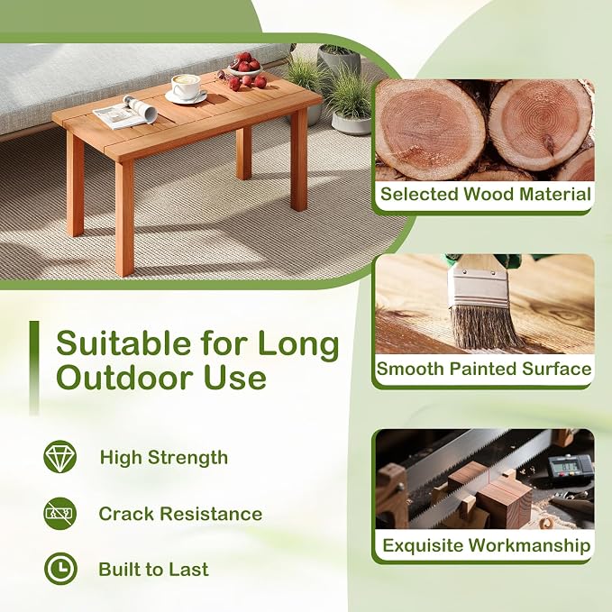 HAPPYGRILL Outdoor Wooden Coffee Table Patio Solid Wood Center Table with Slatted Tabletop, Rectangular Outside Table for Deck, Poolside, Backyard, Garden