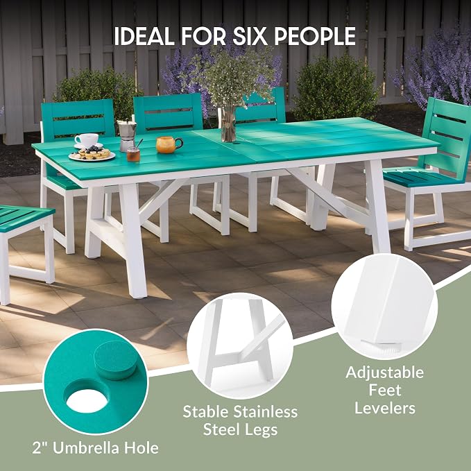 WestinTrends Cape May 90" HDPE Rectangle Outdoor Patio Dining Table with Umbrella Hole and Metal Frame, Turquoise