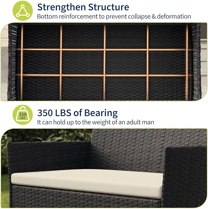 4 Piece Patio Furniture Set, Outdoor Deck Rattan Chair Wicker Combo Furniture, All Weather Dialogue Rattan Sofa with Upholstery and Glass Table for Garden, Backyard, Porch, Lawn, Pool, Black+White