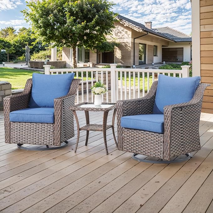 3-Piece Wicker Patio Furniture Set - All-Weather Wicker Swivel Patio Chairs with Side Table for Deck, Balcony, Poolside, Backyard - Brown/Blue
