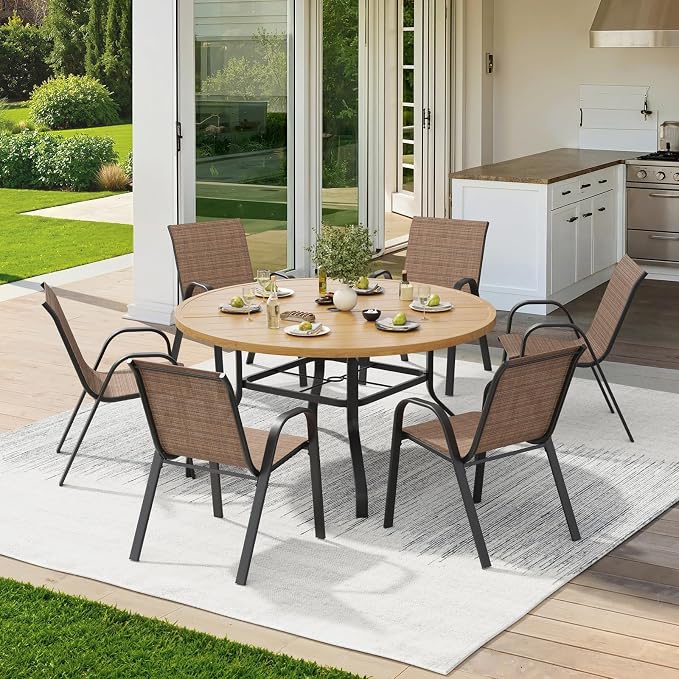 Soohow Patio Dining Set for 6, 7-piece Outdoor Dining Set 6 x Stackable Patio Chairs & 1 x Wood-Like Round Table with Umbrella Hole, All-Weather Outdoor Table and Chairs for Backyard, Balcony, Porch