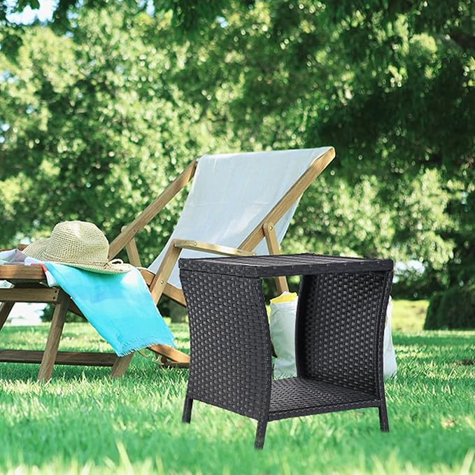 Outdoor Patio Side Table Small Black Wicker Rattan End Table for Outside Storage Coffee Table with Poly Lumber Table Top for Garden Lawn Pool Porch Deck