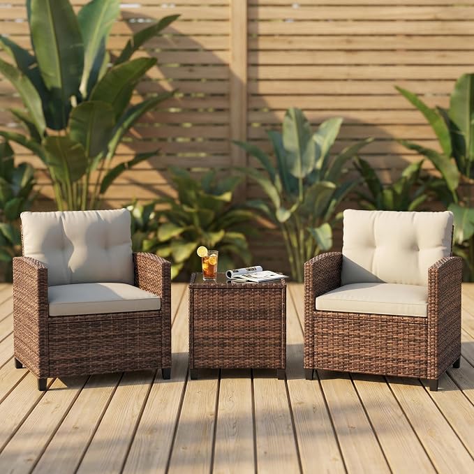 IDEALHOUSE 3 Piece Outside Patio Furniture Set, Outdoor Wicker Chair Conversation Set with Glass Coffee Table, PE Rattan Patio Furniture for Backyard, Porch, Patio, Poolside