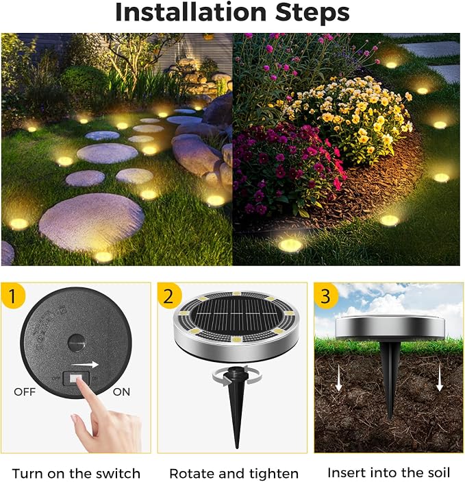 4 Pack Solar Ground Lights Outdoor, 8 LED Mini Flat Solar Disc Lights, IP65 Waterproof Pathway Lights Solar Powered, Landscape Lighting for Garden Walkway Driveway Yard Lawn,Warm White