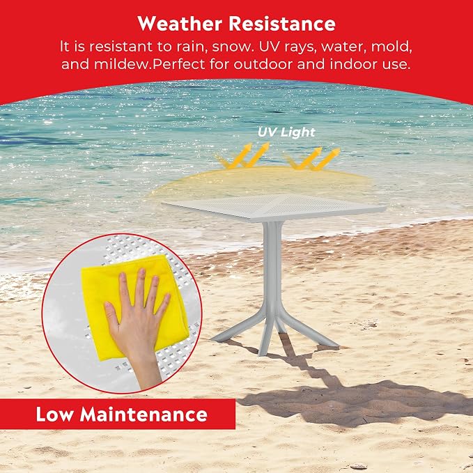 Costaelm Patio Dining Table for 4, Square PP Patio Table, 4-Person Weather Resistant Porch Tables for Outside Poolside Deck Lawn Garden Backyard, Gray