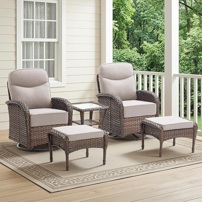 HUMMUH Outdoor Swivel Rocker Patio Chairs with Ottomans,Luxury 6-inch Thick Cushion High Back Patio Furniture Set,5PCS Wicker Conversation Set for Deck Yard and Poolside