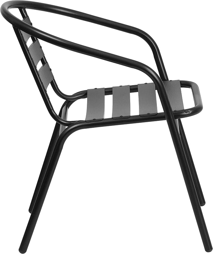 BizChair 5 Piece Outdoor Patio Dining Set - 4 Black Metal Aluminum Slat Stack Chairs - 55" Tempered Glass Patio Table with Umbrella Hole
