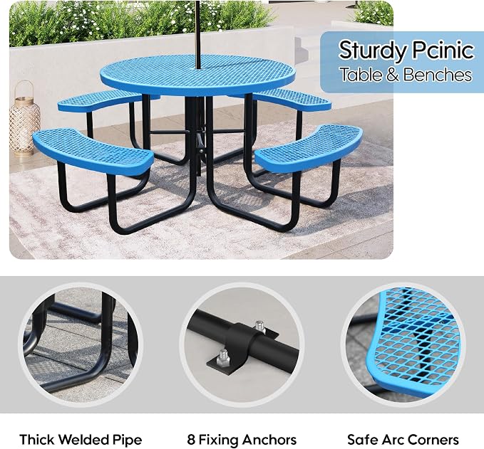 46 Inch Round Outdoor Metal Picnic Table, All-Weather Patio Dining Set for 6-8 Adults, Heavy Duty Steel with Central Umbrella Hole, Perfect for Garden, Backyard, Deck & Small Spaces - Easy Assembly