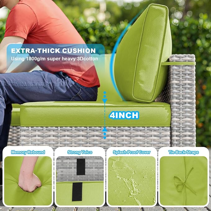 7-Piece Patio Furniture Set, Outdoor Sectional with Thick Cushions, Modular Patio Sofa, Dual-Strand Wicker Rattan, Rust-Resistant Frame, Backyard Furniture for Garden, Deck, Grass Green