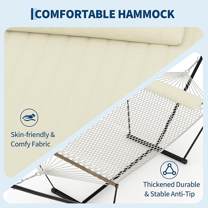 Double Hammock with Stand Curved-Bar Hammock, 450LBS Capacity, 2 Person Large Hammock, Indoor and Outdoor Hammock, Perfect for Backyard Patio Beach
