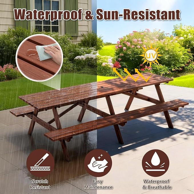 Outdoor Wooden Picnic Tables 10-12 Person with Benches for Patio Garden Backyard Large Outside Dining Table Set with Umbrella Hole