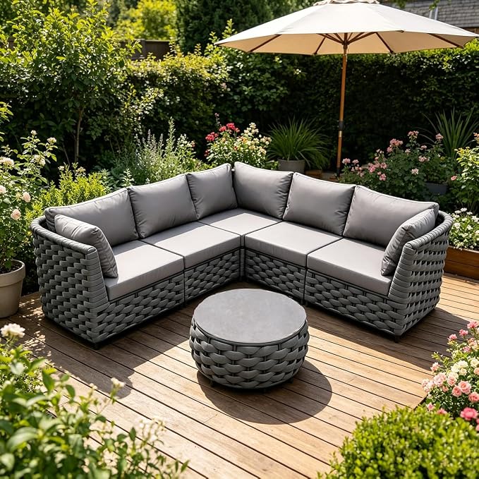 TWT 6-Piece Modular Outdoor Sectional Sofa Set, 5-Seater Woven Rope Patio Conversation Set with Coffee Table, Water-Resistant Cushions, for Backyard Balcony Deck,Dark Gray