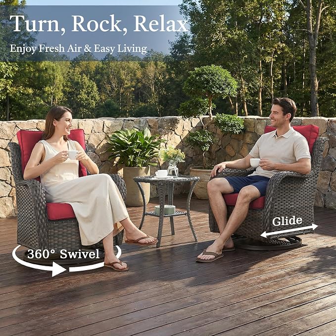 Outdoor Patio Furniture Set-5 Piece Outdoor Swivel Rocker Chairs with Ottomans Patio Furniture Set for Deck Balcony Poolside Backyard-Brown/Red