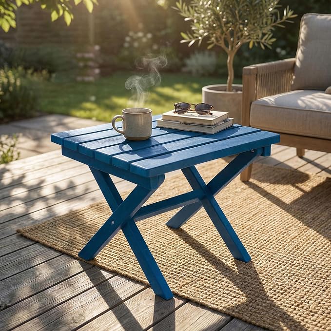 Furnimart 18" Square Foldable Side Table for Outdoor & Camping, Extra-Thick HDPE Weather-Resistant Small Coffee Table, Portable Blue Outdoor End Table for Balcony Poolside Space Saving(Blue)