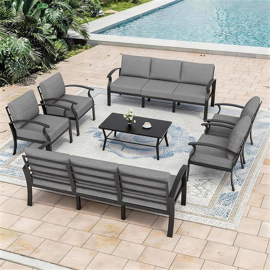 Kurapika Aluminum Patio Furniture Set 10-Seat Modern Metal Outdoor Conversation Sets w/5.1 Inch Cushion Patio Sectional Sofa with Rectangular Coffee Table, Grey