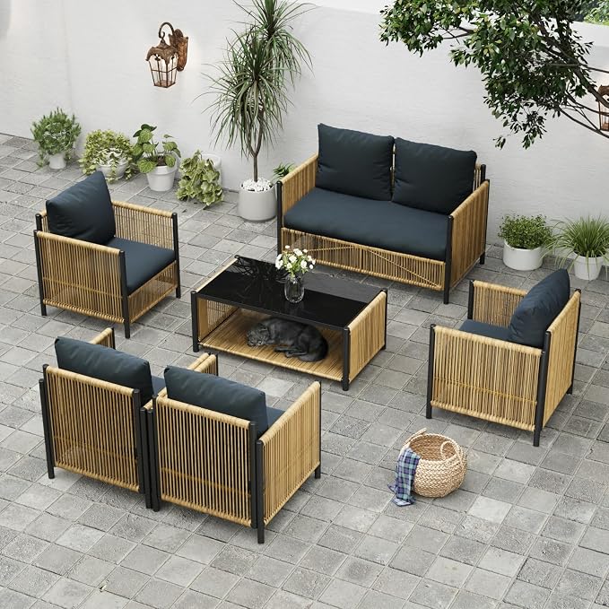 6 Pieces Aluminum Outdoor Patio Furniture Set - 4 Pcs Armchair, Loveseat & Dual-Layer Coffee Table - Rope Sectional Conversation Sofa Sets with Washable Thick Cushion for Garden Backyard Porch