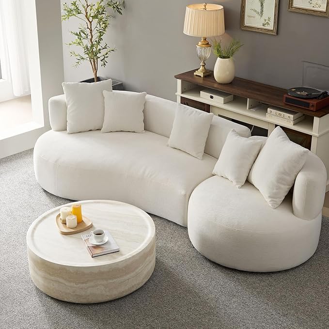 31.49'' Round Coffee Table for Living Room Drum Coffee Table Modern Faux Travertine Stone Coffee Table for Apartment, No Need Assembly (Fiberglass Marble Pattern)
