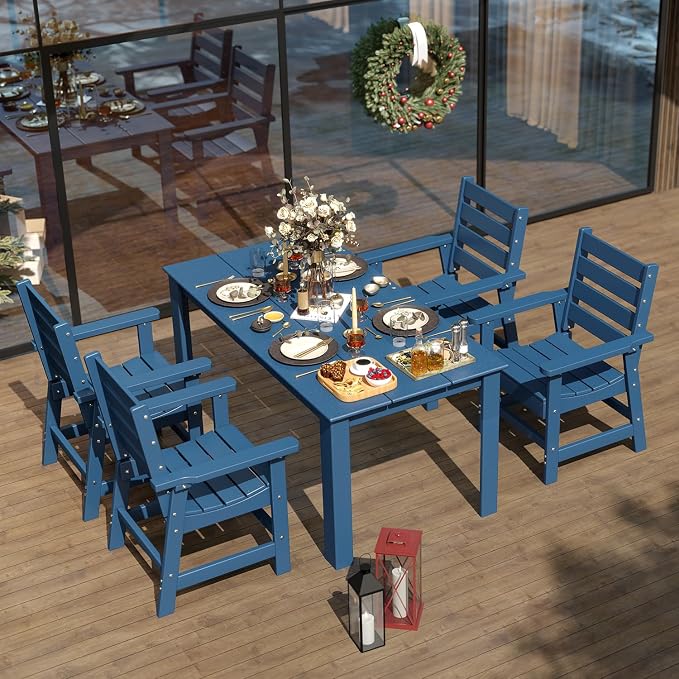 IVY&LANE Outdoor Dining Table | HDPE | 67’’ Rectangle Tables | Blue | All Weather | Umbrella Hole | Patio Furniture | for Poolside Lawn Garden Backyard