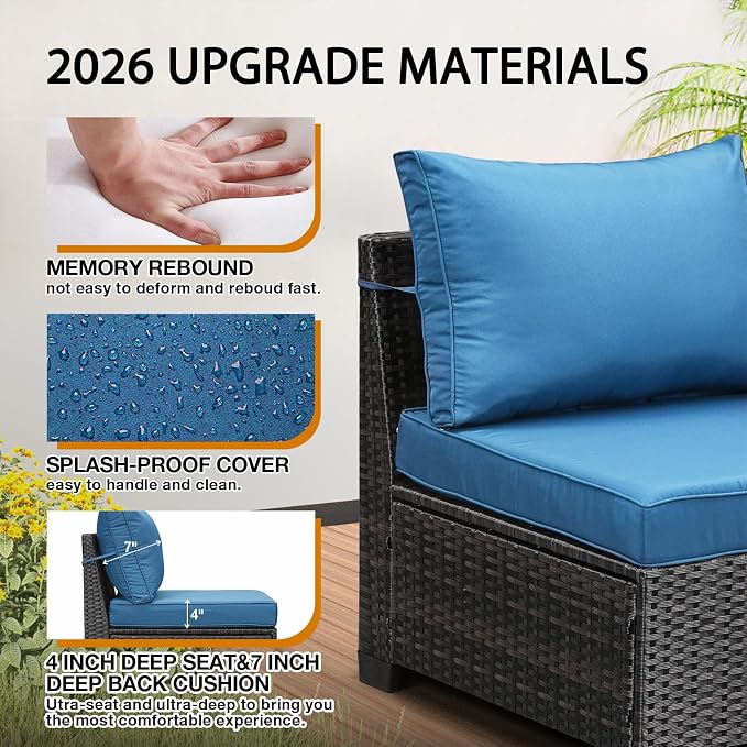 JOYURE 6 Pieces Patio Furniture Set All-Weather Outdoor Wicker Sectional Conversation Sofa Rattan Patio Seating Sofa with Cushion and Glass Table for Porch Poolside,Peacock Blue