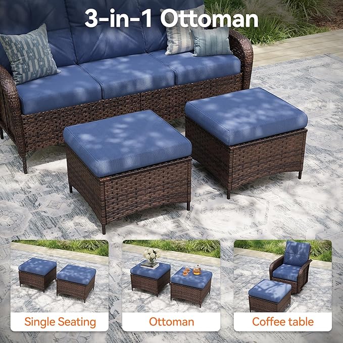 Aoxun Luxury 8-Piece Patio Furniture Set with 44'' Fire Pit Table, Wicker Rattan Sofa with Thick Cushion, Outdoor Conversation Set for Backyard, Poolside & Garden, Brown/Navy Blue