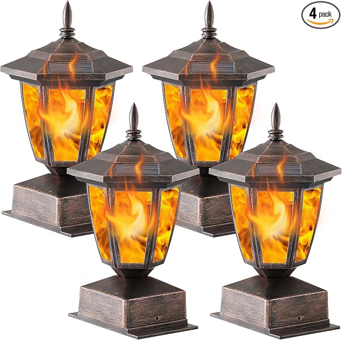 Dynaming 4 Pack Solar Flame Post Lights Outdoor, Solar Powered Lamps Fence Post Cap Lights, Flickering Flame LED Lantern Waterproof for Garden Deck Patio, Fit 4x4, 5x5 or 6x6 Wooden Posts, Bronze