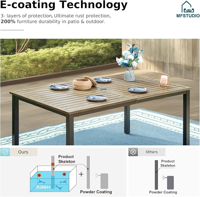 MFSTUDIO 7 Pieces Patio Dining Set for 6, 65” Wood-Like Metal Dining Table & Wicker Chairs, Outdoor Rattan Dining Furniture Set, Patio Rectangular Table and Chairs for 6, Deck, Backyard
