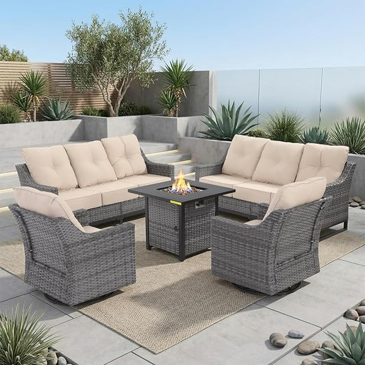 5 Piece Patio Furniture Set with Fire Pit, Grey Wicker Outdoor Conversation Set with 2 Swivel Rocker Chairs, 2 Sofas and Square 60,000 BTU Fire Pit Table, Beige Covers for Porch, Deck