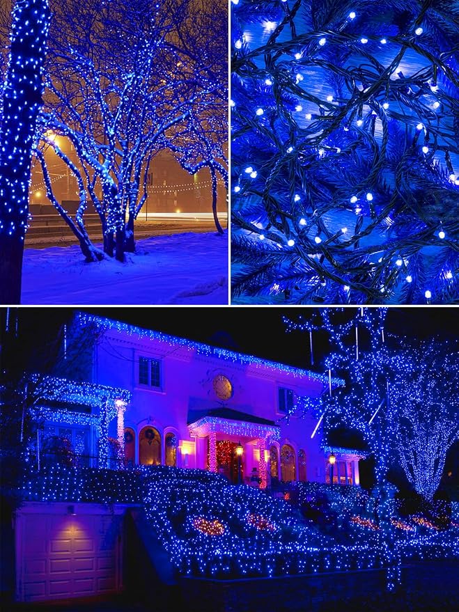 EEW Solar String Lights Outdoor 2 Pack 200 LED Solar Christmas Lights Blue | 8 Lighting Modes, Memory Function, Auto On/Off, 66FT Waterproof Twinkle Lights for Outside Patio Yard Xmas Tree Decorations