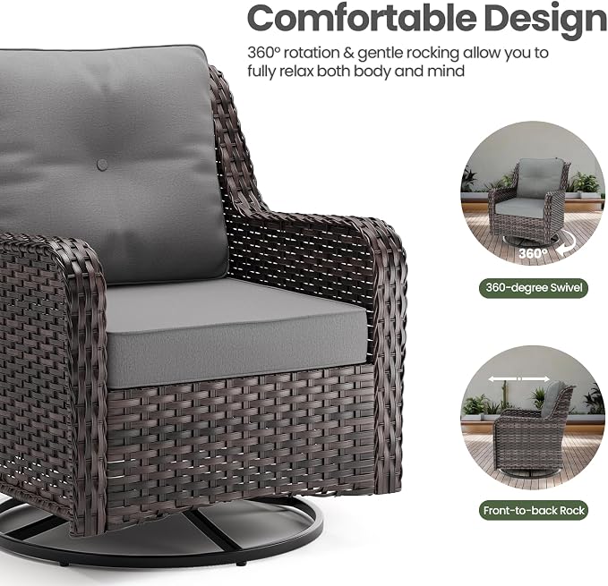 ALAULM 7 Pieces Patio Furniture Set,High Back Wicker Outdoor Sectional Furniture Set with Swivel Chairs & Coffee Table, Patio Conversation Set Thick Cushion for Backyard, Deck, Porch-Grey