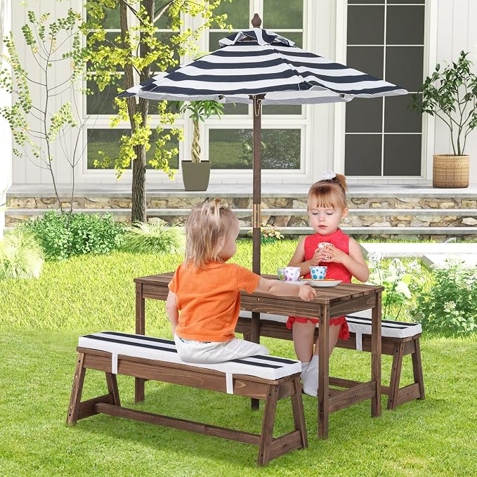 Olakids Kids Picnic Table, 2 in 1 Outdoor Toddler Wooden Table and Chair Set with Removable Cushions Height Adjustable Umbrella, Children Activity Furniture Bench for Patio Garden Backyard (Blue)