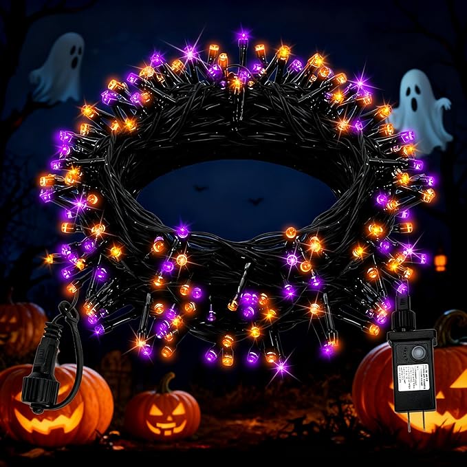 FairyGlim Halloween String Lights Plug in,33FT 100 LED String Lights with 8 Modes & Timer, Halloween Decorations for Party Carnival Supplies, Outdoor Indoor Yard Garden Decor, Purple & Orange