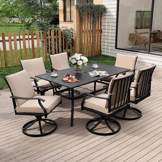 LVUYOYO 7-Piece Outdoor Patio Dining Set, Metal Swivel Chair & Rectangular Table Set, All-Weather Furniture for Backyard, Garden,Balcony,Porch (1 Rectangular+ 6 Swivel Chairs)