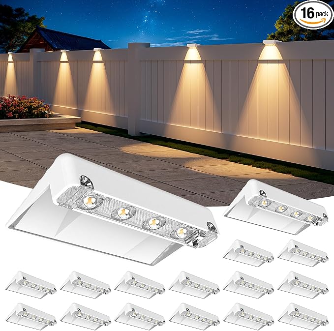 Solar Fence Lights Outdoor 16 Pack, IP65 Waterproof Large Size LED Solar Deck Lights with Lenses, Auto ON Off Warm White Step Lights for Outside, Patio, Fence, Yard and Railing Decor (White)