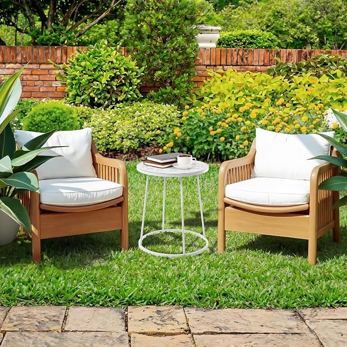 Vercraft Small Outdoor Side Table, 14" Patio Side Tables with Flower Cut Outs Weather Resistant Metal Outdoor End Table for Patio Outside Porch Balconies Garden(White,Fashion)