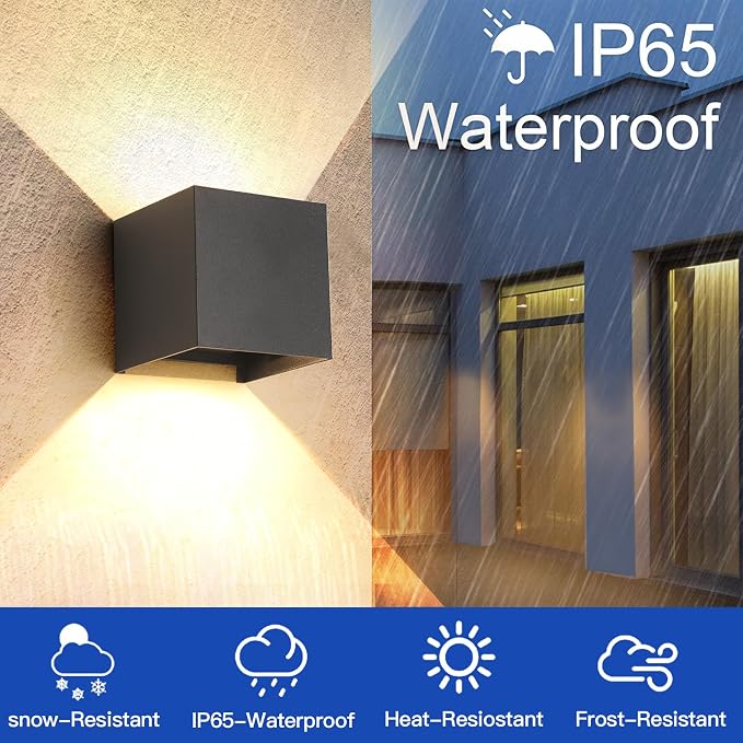 2 Pack LED Outdoor Wall Lights Exterior/Interior 3 Colors Adjustable 15W Wall Light Fixture IP65 Waterproof Porch Exterior Wall Sconce Modern Outdoor Lighting Square Aluminum Black Up and Down Lights