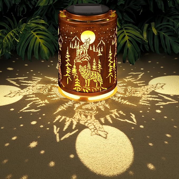 Wolf Solar Lanterns Hanging Waterproof Garden Decor Gifts for Women | Metal Solar Lights Outdoor Decoration for Outside LED Lanterns for Yard Patio Lawn Pathway Birthday Gifts for Mon Grandma