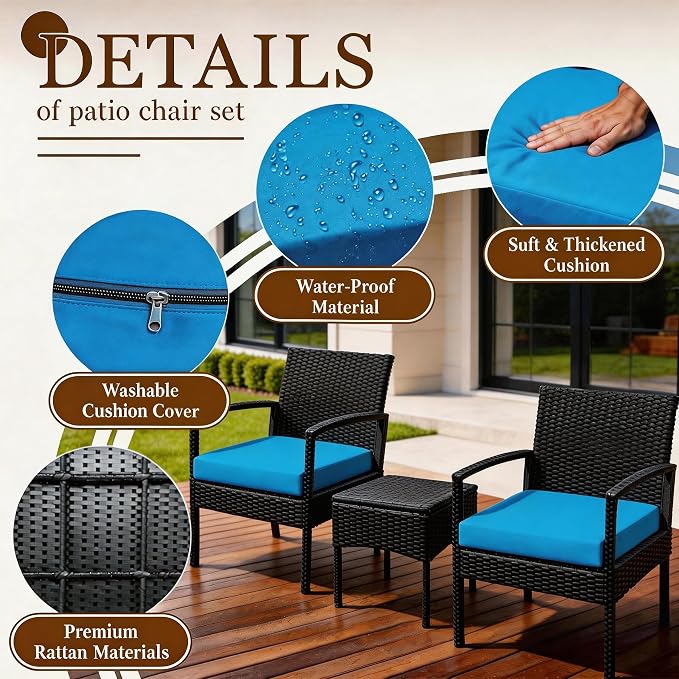 PROHIKER Patio Porch Furniture Set, 3 PCS Outdoor Patio Furniture with Rattan Chairs, Table, Blue Cushions for Garden Porch Balcony Yard