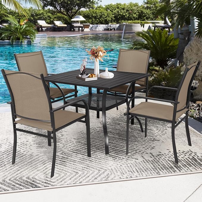 SUNCROWN 6 - Piece Outdoor Dining Set, Patio Furniture Set with 4 Textilene Dinning Chairs, 1 Steel Slat Metal Bistro Table and 1 Dark Blue 9Ft Patio Umbrella for Lawn Garden Backyard Deck, Brown