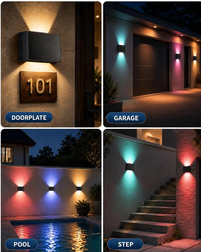 Solar Wall Lights Outdoor, Color Changing, 6 Pack | IP65 Waterproof Up and Down Wall Lighting, Solar Outdoor Light Decorative for Porch, Garage, Doorway, Patio, Fence