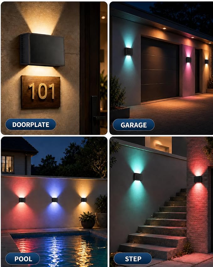 Solar Wall Lights Outdoor, Color Changing, 1 Pack | IP65 Waterproof Up and Down Wall Lighting, Solar Outdoor Light Decorative for Porch, Garage, Doorway, Patio, Fence