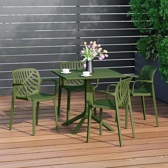 Costaelm Patio Dining Table for 4, Square PP Patio Table, 4-Person Weather Resistant Porch Tables for Outside Poolside Deck Lawn Garden Backyard, Olive Green
