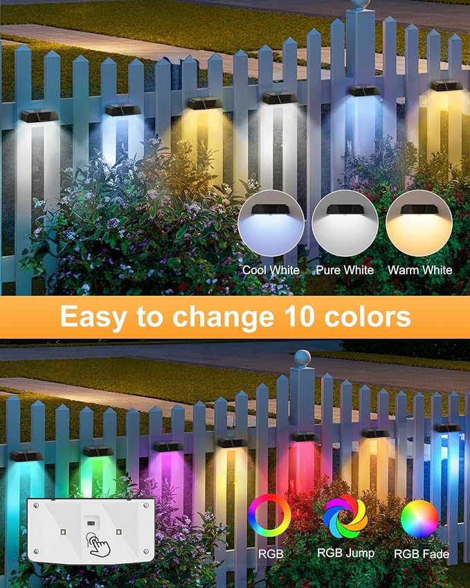 Brightown 5 Pack Solar Fence Lights Outdoor, 10 Colors, Waterproof | Solar Deck Light with Warm White, Cool White, RGB Color, Fade/Jump Modes, Solar Lights Outdoor for Outside Yard Step